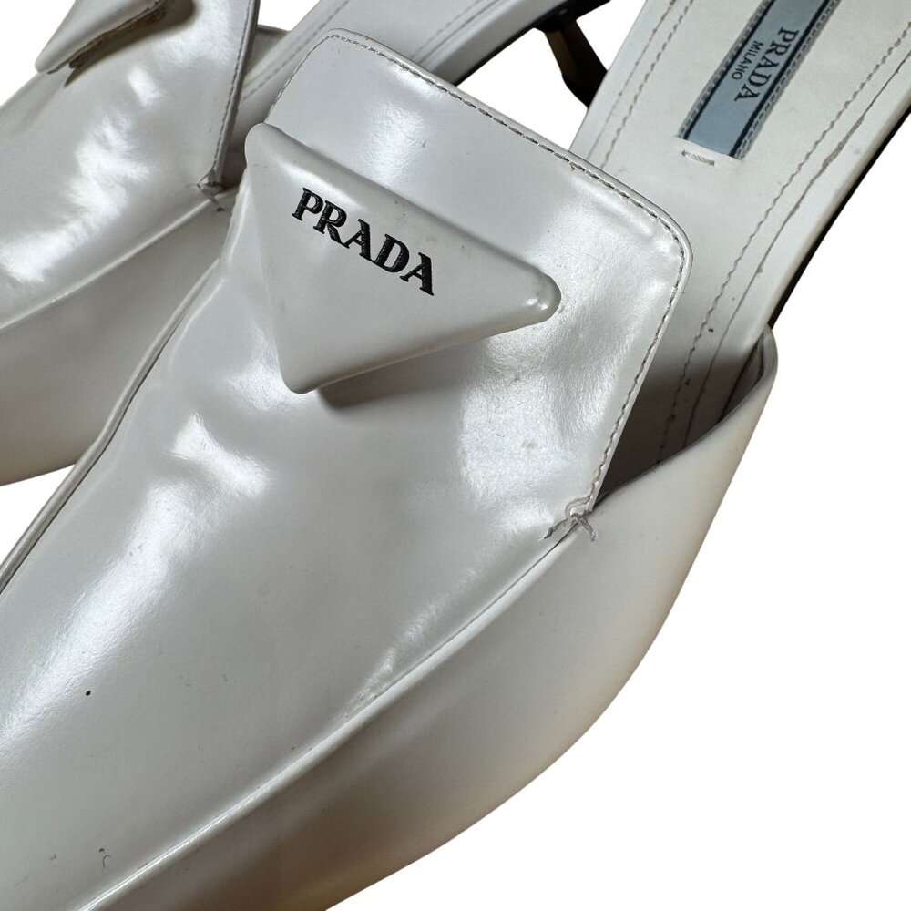 Prada White Spazzolato Triangle Logo 55M Pointed Toe Mules Heels Size 39 - Picture 6 of 13